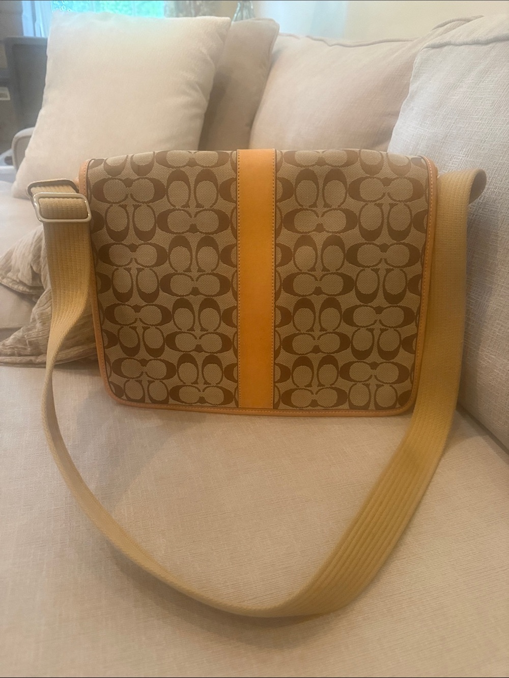 Coach Brown Signature Canvas Messenger with Yellow Trim